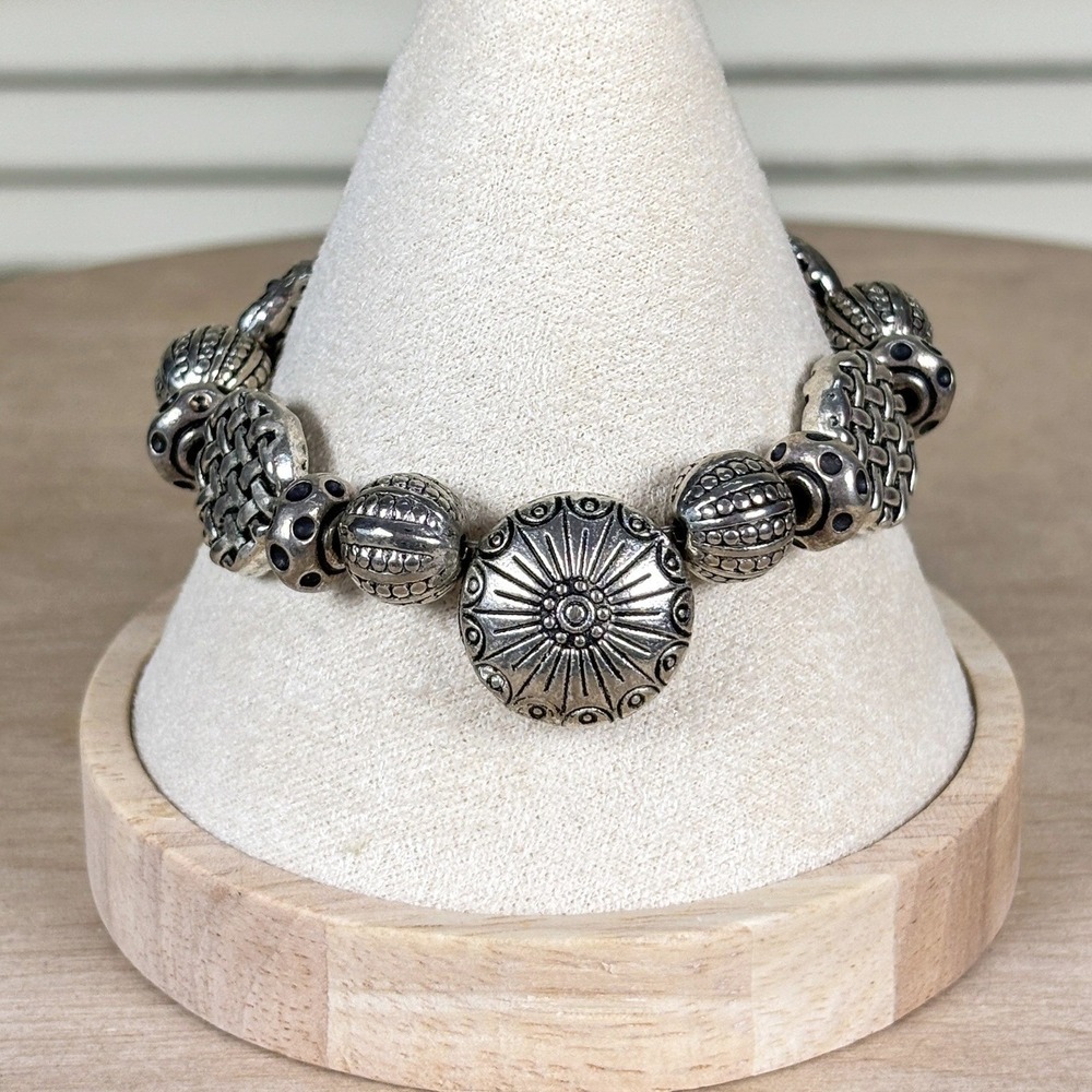 Late 90s Textural Silver Tone Artisan Bead Toggle Bracelet Oxidized Metal‎